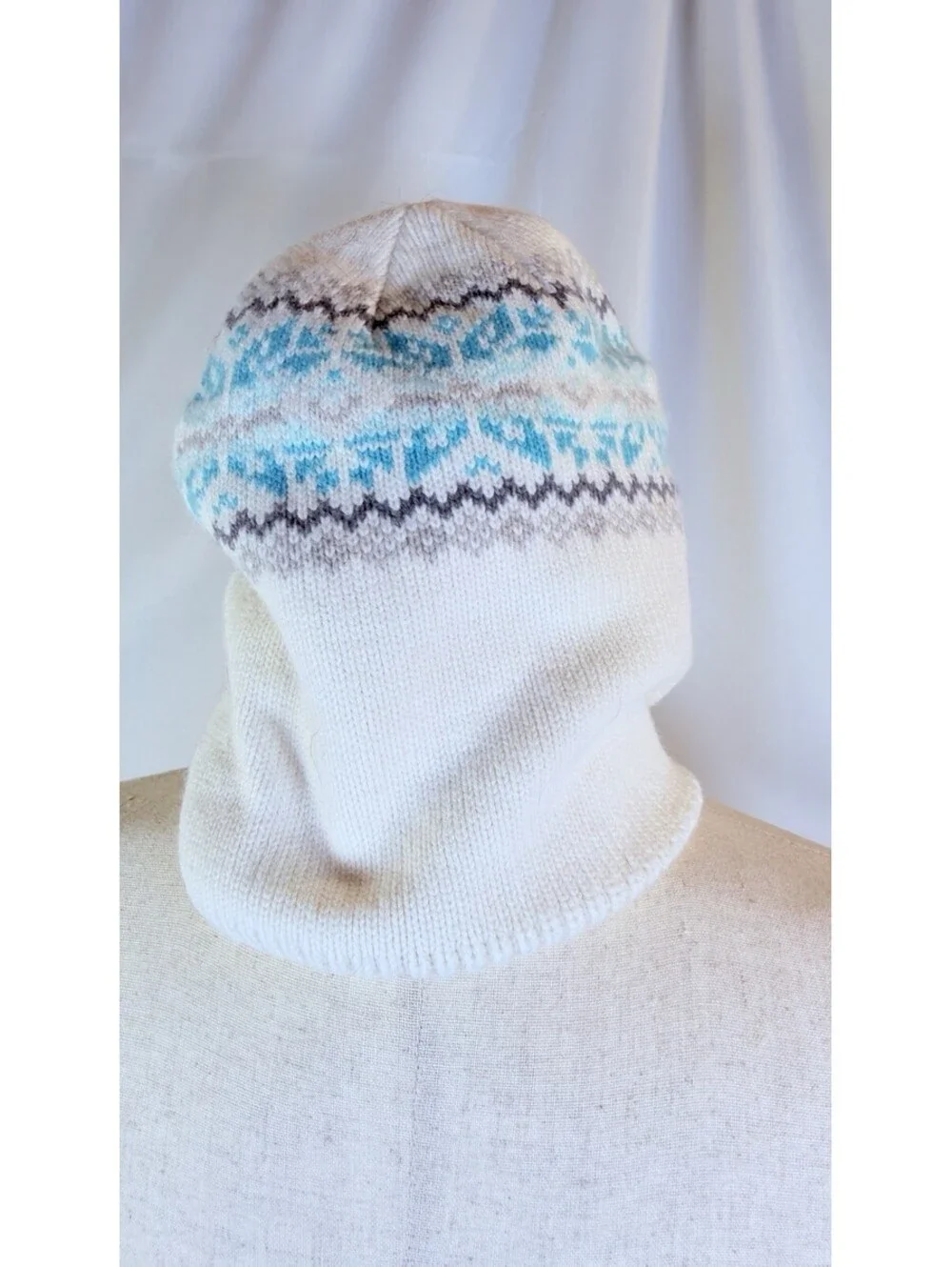 Heavy Toboggan Ivory, Teal, Brown Fair Isle Pattern Fleece Inside One Size